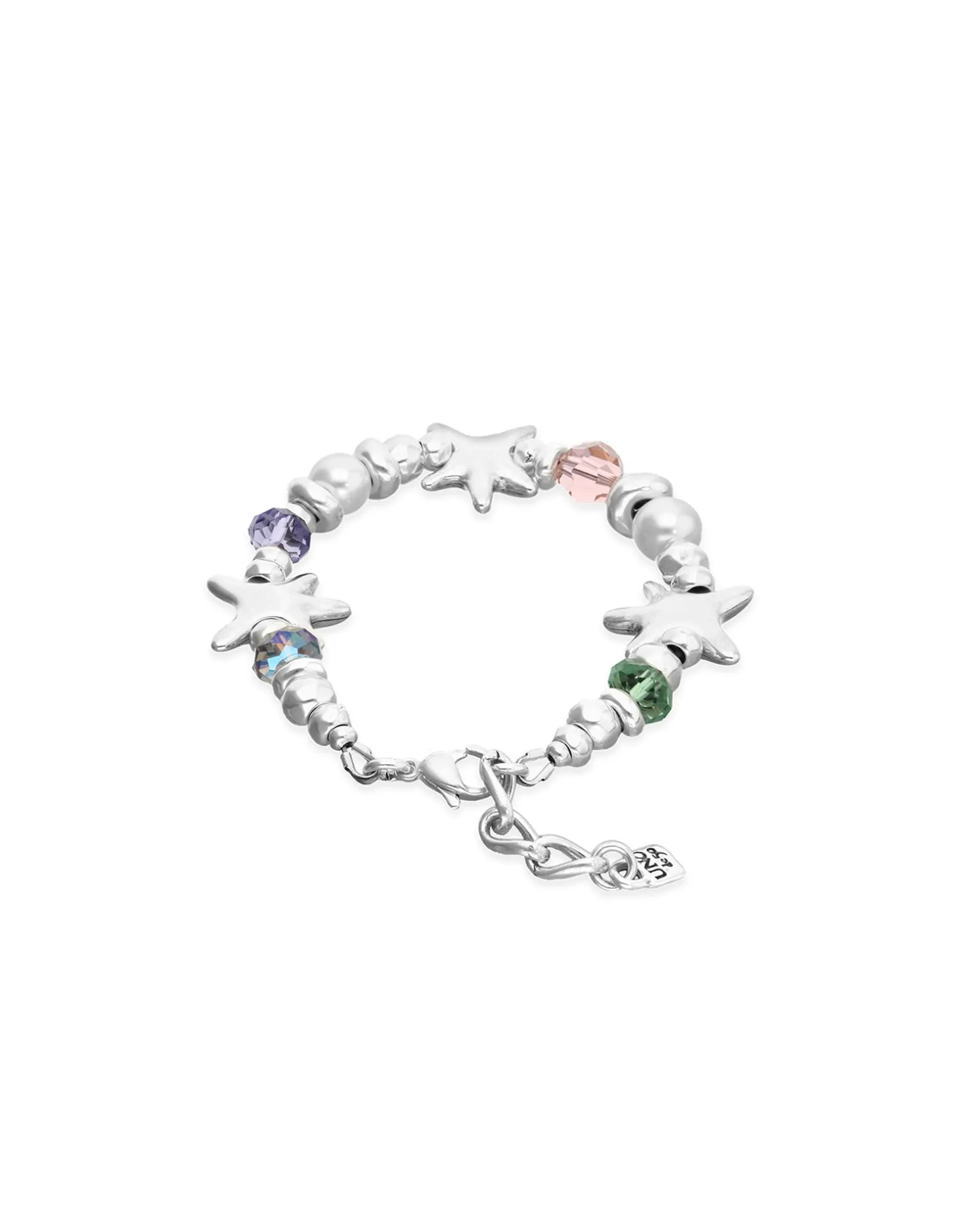 Pulsera elástica bañada en plata con cristales multicolor y estrellas de mar