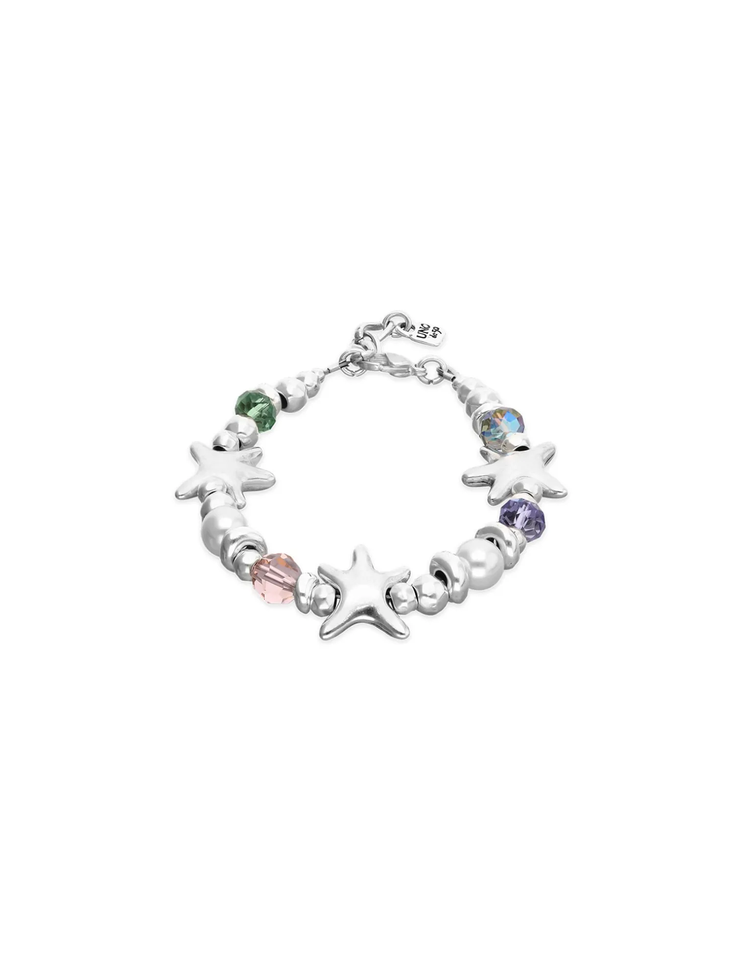 Pulsera elástica bañada en plata con cristales multicolor y estrellas de mar