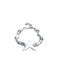 Pulsera elástica bañada en plata con cristales azules y estrella de mar