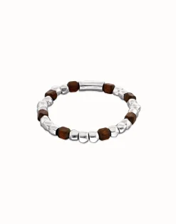 Pulsera elástica de cuentas en plata y madera