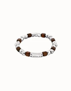 Pulsera elástica de cuentas en plata y madera
