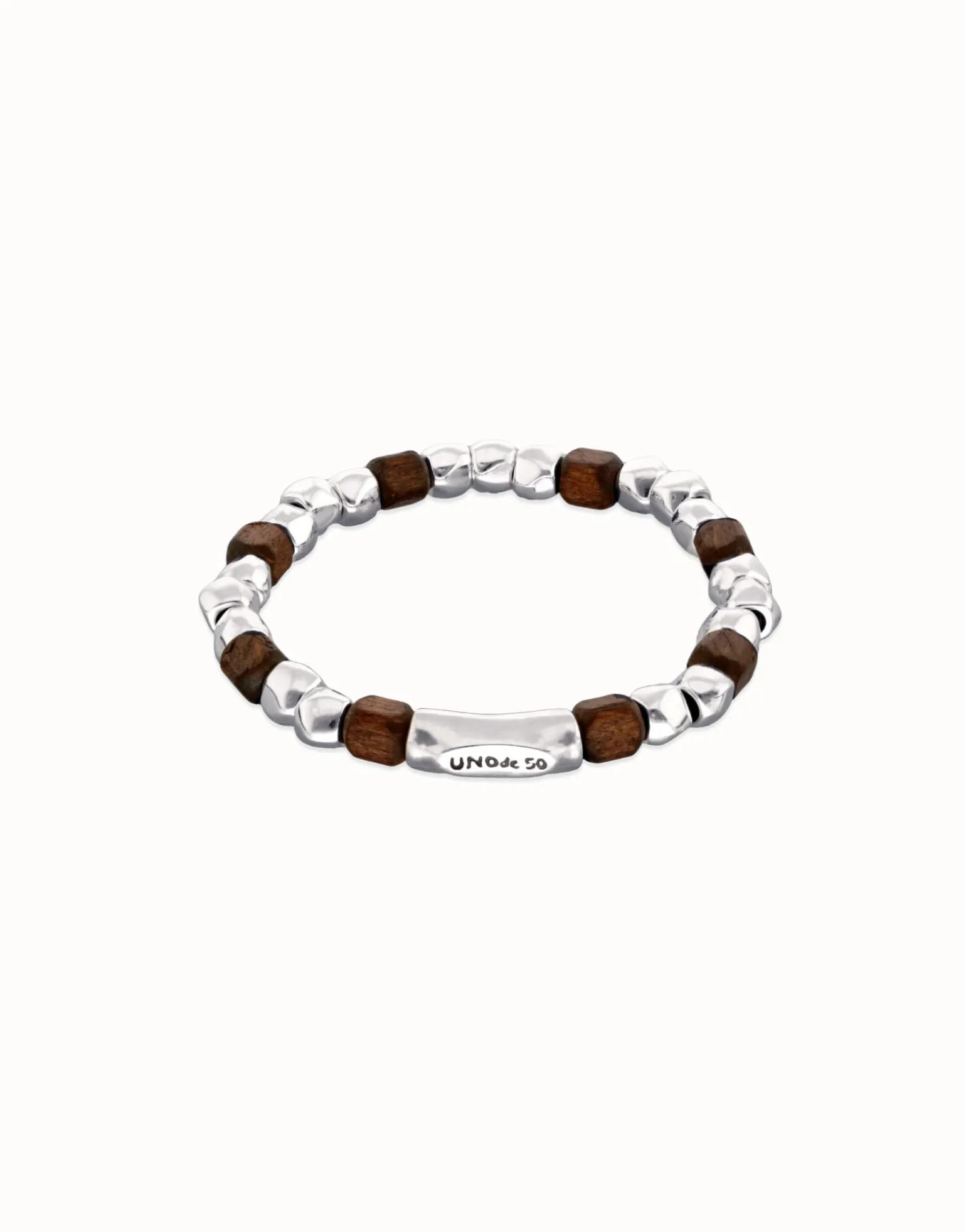 Pulsera elástica de cuentas en plata y madera