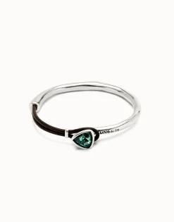 Pulsera fina bañada en plata de ley con cuero y cristal facetado verde