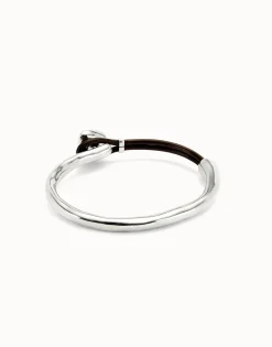 Pulsera fina bañada en plata de ley con cuero y cristal facetado verde