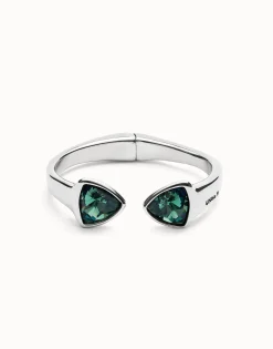 Pulsera gruesa bañada en plata de ley con dos cristales facetados verdes