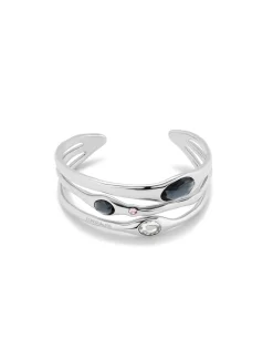 Pulsera rígida bañada en plata de ley con 2 cristales grises, 1 blanco y 1 rosa