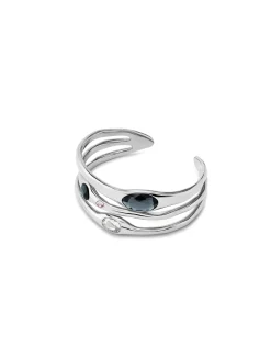 Pulsera rígida bañada en plata de ley con 2 cristales grises, 1 blanco y 1 rosa