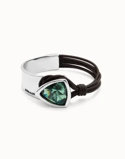 Pulsera rígida bañada en plata de ley con cuero y cristal facetado verde