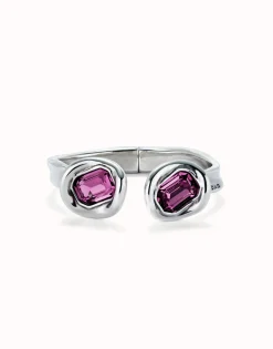Pulsera rígida bañada en plata de ley y dos cristales rosas