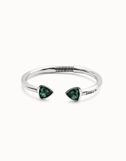 Pulsera rígida bañada en plata de ley con dos cristales facetados verdes