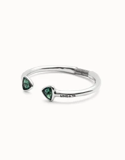 Pulsera rígida bañada en plata de ley con dos cristales facetados verdes