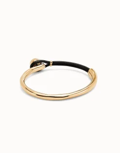 Pulsera semirígida bañada en oro 18k con cuero de color marrón