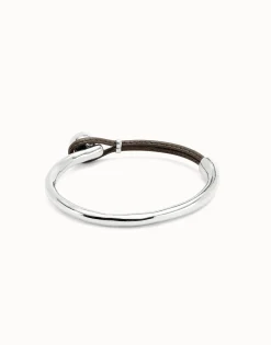 Pulsera semirígida bañada en plata de ley con cuero de color marrón