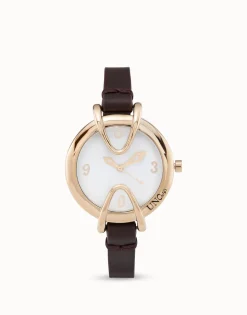Reloj bañado en oro 18k con correa de cuero negra, esfera redonda con interior en color blanco